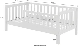Kinderbett Junior, Kiefermassiv mit umlaufenden Sprossengitter und Rolllattenrost (B/H/T ca. 148x60x76cm, mit niedrigem Betteinstieg), wahlweise in 2 Farben, mit oder ohne Schublade de Vipack en Blanc – photo produit 4 sur 4