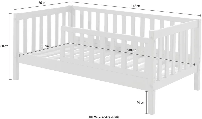Kinderbett Junior, Kiefermassiv mit umlaufenden Sprossengitter und Rolllattenrost (B/H/T ca. 148x60x76cm, mit niedrigem Betteinstieg), wahlweise in 2 Farben, mit oder ohne Schublade de Vipack en Blanc – photo produit 4 sur 4