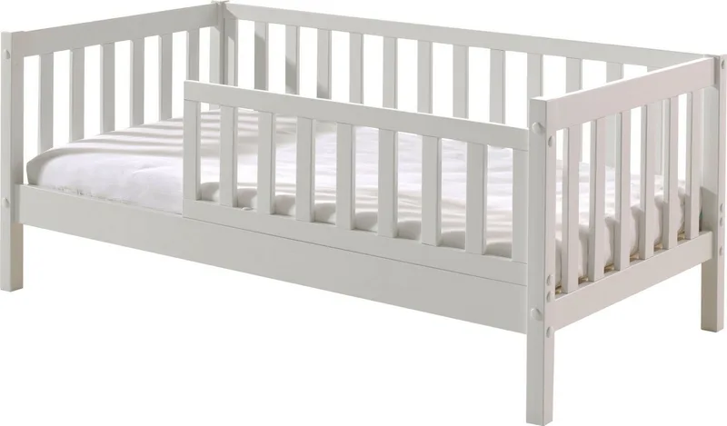 Kinderbett Junior, Kiefermassiv mit umlaufenden Sprossengitter und Rolllattenrost (B/H/T ca. 148x60x76cm, mit niedrigem Betteinstieg), wahlweise in 2 Farben, mit oder ohne Schublade de Vipack en Blanc – photo produit 2 sur 4