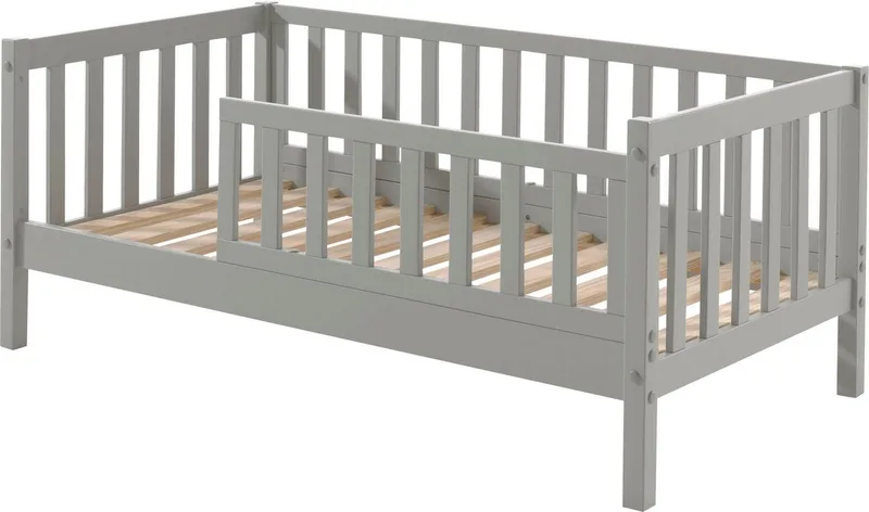 Kinderbett Junior, Kiefermassiv mit umlaufenden Sprossengitter und Rolllattenrost (B/H/T ca. 148x60x76cm, mit niedrigem Betteinstieg), wahlweise in 2 Farben, mit oder ohne Schublade från Vipack i Grå – produktbild 3 av 4