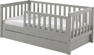 Kinderbett Junior, Kiefermassiv mit umlaufenden Sprossengitter und Rolllattenrost (B/H/T ca. 148x60x76cm, mit niedrigem Betteinstieg), wahlweise in 2 Farben, mit oder ohne Schublade från Vipack i Grå – produktbild 3 av 5