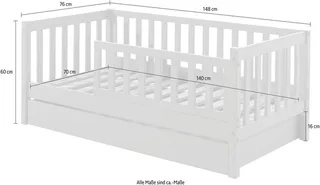 Kinderbett Junior, Kiefermassiv mit umlaufenden Sprossengitter und Rolllattenrost (B/H/T ca. 148x60x76cm, mit niedrigem Betteinstieg), wahlweise in 2 Farben, mit oder ohne Schublade by Vipack in White – product photo 5 of 5