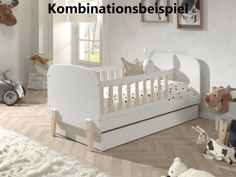 Kinderbett Kiddy, inkl. Rolllattenrost, niedrige Einstiegshöhe, stabil gebaut (B/H/T ca. 147x68x77cm, MDF lackiert, Füße und Sprossen Kiefer), wahlweise mit oder ohne Bettschublade als Stauraum van Vipack in Wit – productfoto 2 van 5