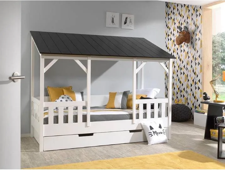 Kinderbett VIPACK Hausbett, aus MDF und Massivholz, Dach schwarz oder weiß , schwarz-weiß (weiß, schwarz), B:105cm H:174cm L:214cm, Betten, Kinderbett, wahlweise mit oder ohne Bettschublade auf Rollen van Vipack – productfoto