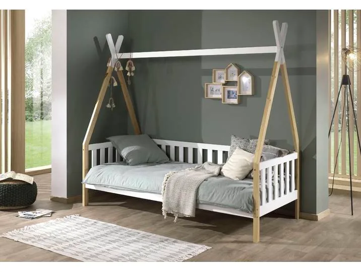 Kinderbett VIPACK Tipi, mit Querstange in Zelt-Optik, Kiefer massiv , weiß (natur, weiß), B:96cm H:185,1cm L:206cm, Betten, Kinderbett, inklusive Rolllattenrost und wahlweise mit Bettschublade by Vipack – product photo