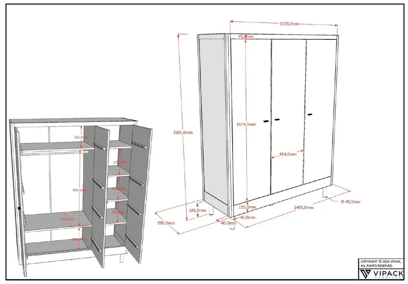 Kleiderschrank Forrest mit 3 Drehtüren (Soft-Close), Made in Europe, zeitloses Design (B/H/T ca: 145,8x190x55 cm, Massivholz in 2 Farben erhältlich) praktische Facheinteilung, viel Stauraum, hochwertige Verarbeitung de Vipack en Beige – photo produit 4 sur 4