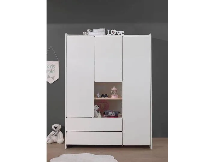 Kleiderschrank VIPACK Kiddy, mit funktioneller Einteilung und 2 Schubladen, stabil gebaut , weiß, B:133cm, Schränke, Kleiderschrank, MDF-Oberfläche från Vipack – produktbild