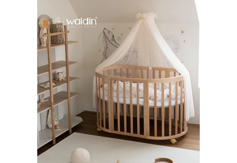 Babybett Mobiles Babybett OWAL aus Holz 7in1 mit Matratze, mitwachsend van Waldin in Wit – productfoto 4 van 4