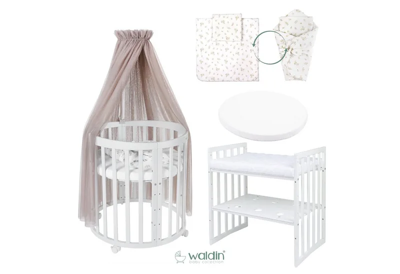 Babybett Mobiles Babybett OWAL aus Holz 7in1 mit Matratze, mitwachsend van Waldin in Wit – productfoto 2 van 4
