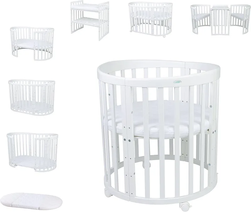 Babybett Mobiles Babybett OWAL aus Holz 7in1 mit Matratze, mitwachsend van Waldin in Wit – productfoto 1 van 4