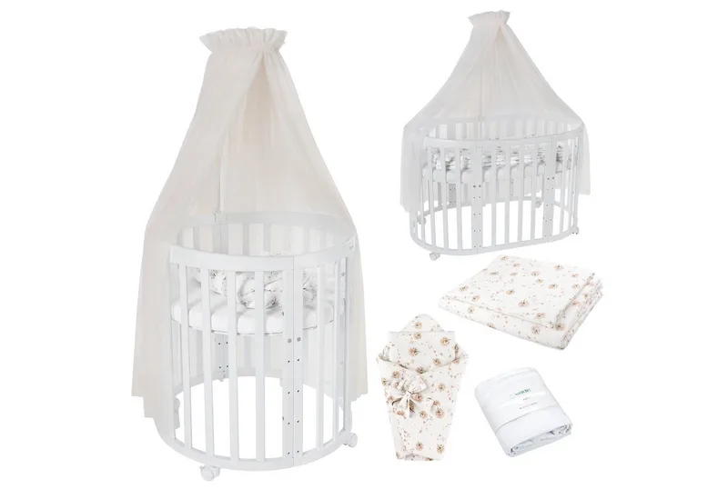 Babybett Mobiles Babybett OWAL aus Holz 7in1 mit Matratze, mitwachsend van Waldin in Wit – productfoto 1 van 4