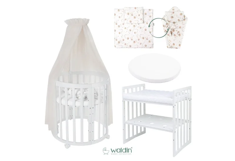 Babybett Mobiles Babybett OWAL aus Holz 7in1 mit Matratze, mitwachsend van Waldin in Wit – productfoto 2 van 4
