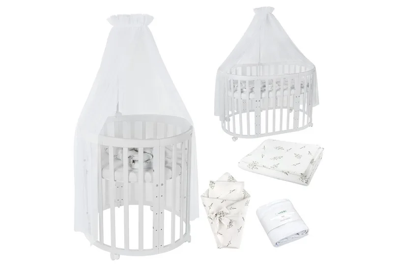 Babybett Mobiles Babybett OWAL aus Holz 7in1 mit Matratze, mitwachsend van Waldin in Wit – productfoto 1 van 4