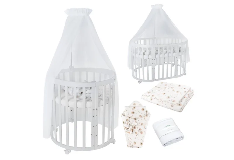 Babybett Mobiles Babybett OWAL aus Holz 7in1 mit Matratze, mitwachsend de Waldin en Blanc – photo produit 1 sur 4