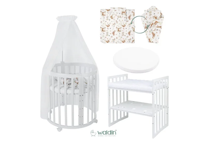 Babybett Mobiles Babybett OWAL aus Holz 7in1 mit Matratze, mitwachsend by Waldin in White – product photo 2 of 4