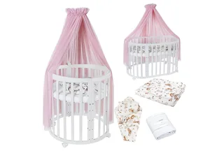 Babybett Mobiles Babybett OWAL aus Holz 7in1 mit Matratze, mitwachsend de Waldin en Rose, Blanc – photo produit 1 sur 4