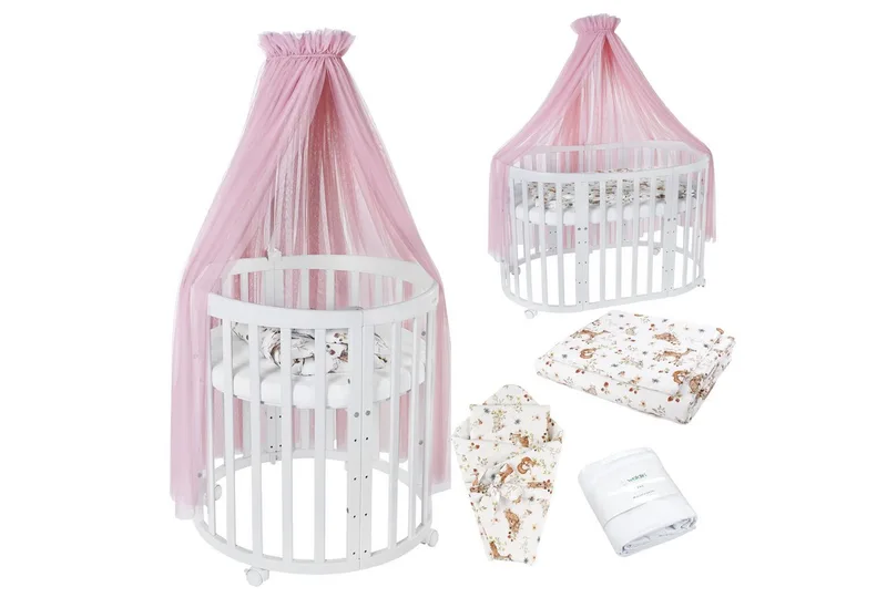 Babybett Mobiles Babybett OWAL aus Holz 7in1 mit Matratze, mitwachsend de Waldin en Rose, Blanc – photo produit 1 sur 4