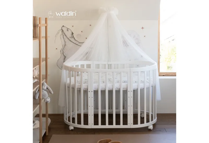 Babybett Mobiles Babybett OWAL aus Holz 7in1 mit Matratze, mitwachsend van Waldin in Wit – productfoto 4 van 4