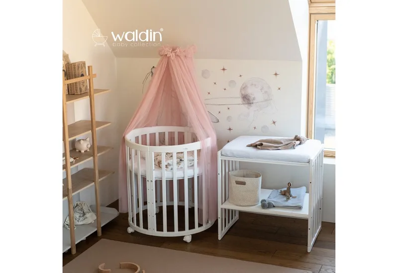 Babybett Mobiles Babybett OWAL aus Holz 7in1 mit Matratze, mitwachsend de Waldin en Rose, Blanc – photo produit 4 sur 4