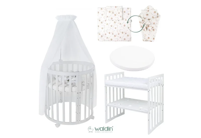 Babybett Mobiles Babybett OWAL aus Holz 7in1 mit Matratze, mitwachsend de Waldin en Blanc – photo produit 2 sur 4