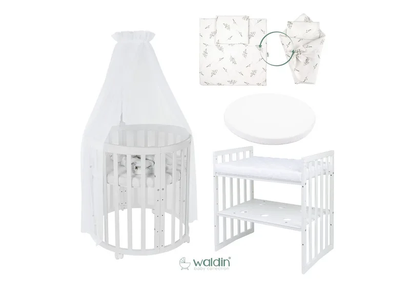 Babybett Mobiles Babybett OWAL aus Holz 7in1 mit Matratze, mitwachsend van Waldin in Wit – productfoto 2 van 4
