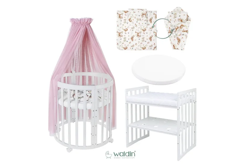 Babybett Mobiles Babybett OWAL aus Holz 7in1 mit Matratze, mitwachsend de Waldin en Rose, Blanc – photo produit 2 sur 4