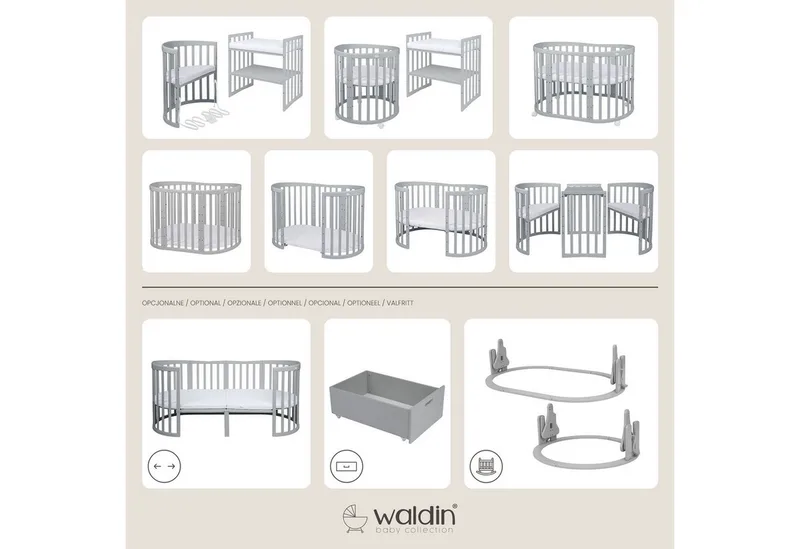 Babybett Mobiles Babybett OWAL aus Holz 7in1 mit Matratze, mitwachsend by Waldin in Grey – product photo 2 of 5