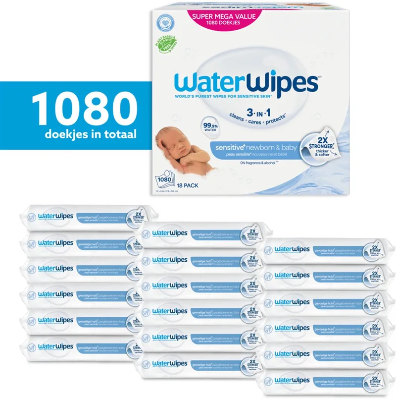 Billendoekjes Bio - 99,9% Water - 18 x 60 - 1080 Babydoekjes de WaterWipes – photo produit