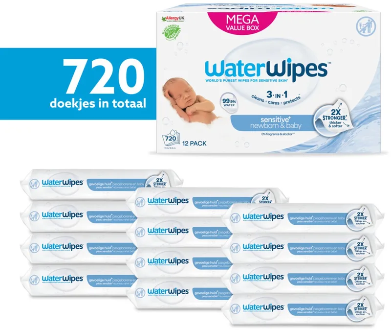 Billendoekjes Bio Sensitive - 99,9% Water - 12 x 60 - 720 Babydoekjes van WaterWipes – productfoto