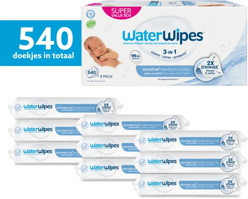 Billendoekjes Bio Sensitive - 99,9% Water - 9 x 60 - 540 Babydoekjes by WaterWipes – product photo