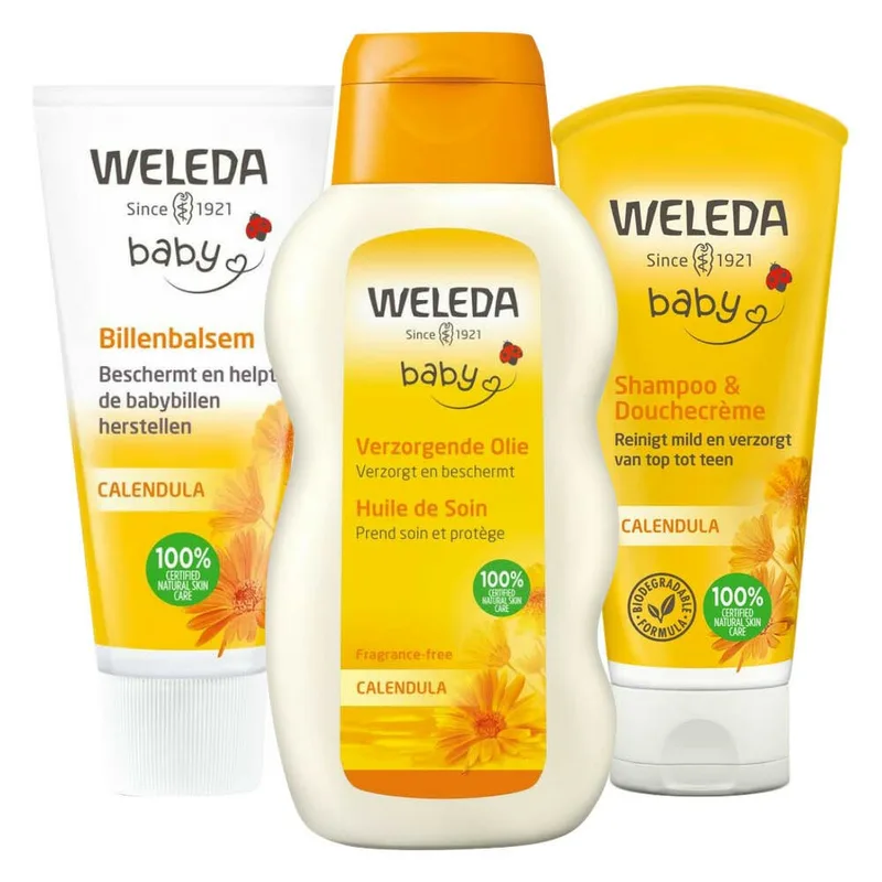 Baby Musthave - Calendula Verzorgende Olie 1 x 200 ml, Billenbalsem 1 x 75 ml & Babyshampoo & Douchecrème 1 x 200 ml - Pakket van Weleda – productfoto