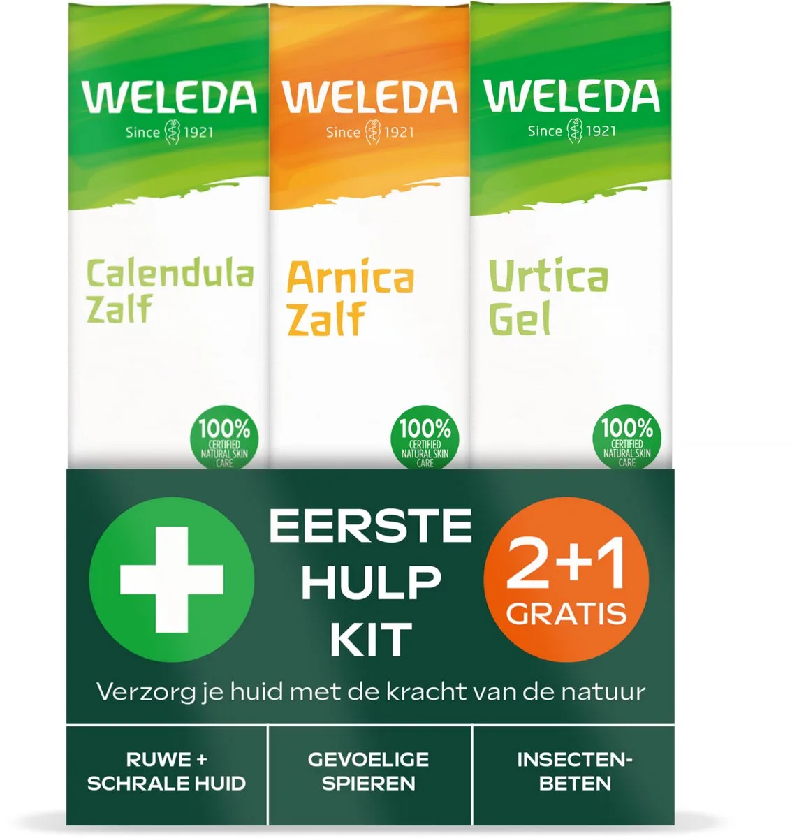 Eerste Hulp Kit – 2+1 Verpakking – Natuurlijke Zelfzorg voor Huid, Spieren en Insectenbeten – Calendula Zalf, Arnica Zalf & Urtica Gel - 100% Natuurlijke Ingrediënten van Weleda – productfoto