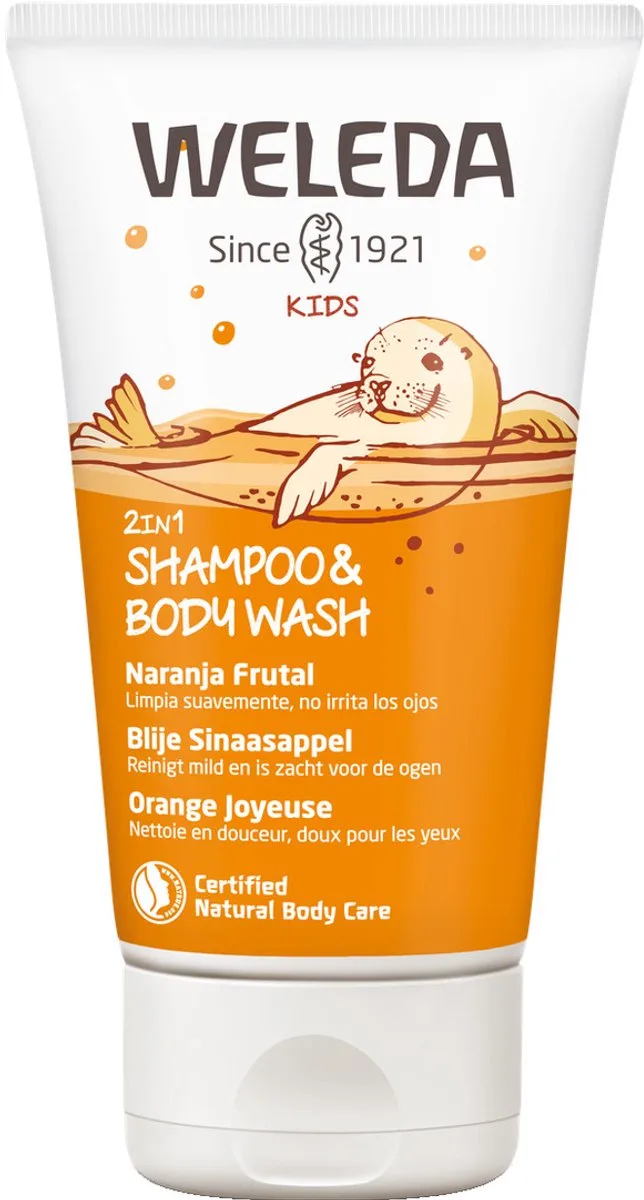 Kids 2-in-1 Shampoo & Body Wash - Sinaasappel - Reinigt Huid & Haar Zacht - Reinigt Mild & Zacht Voor Ogen - 100% Natuurlijke Ingrediënten- 150ml från Weleda – produktbild