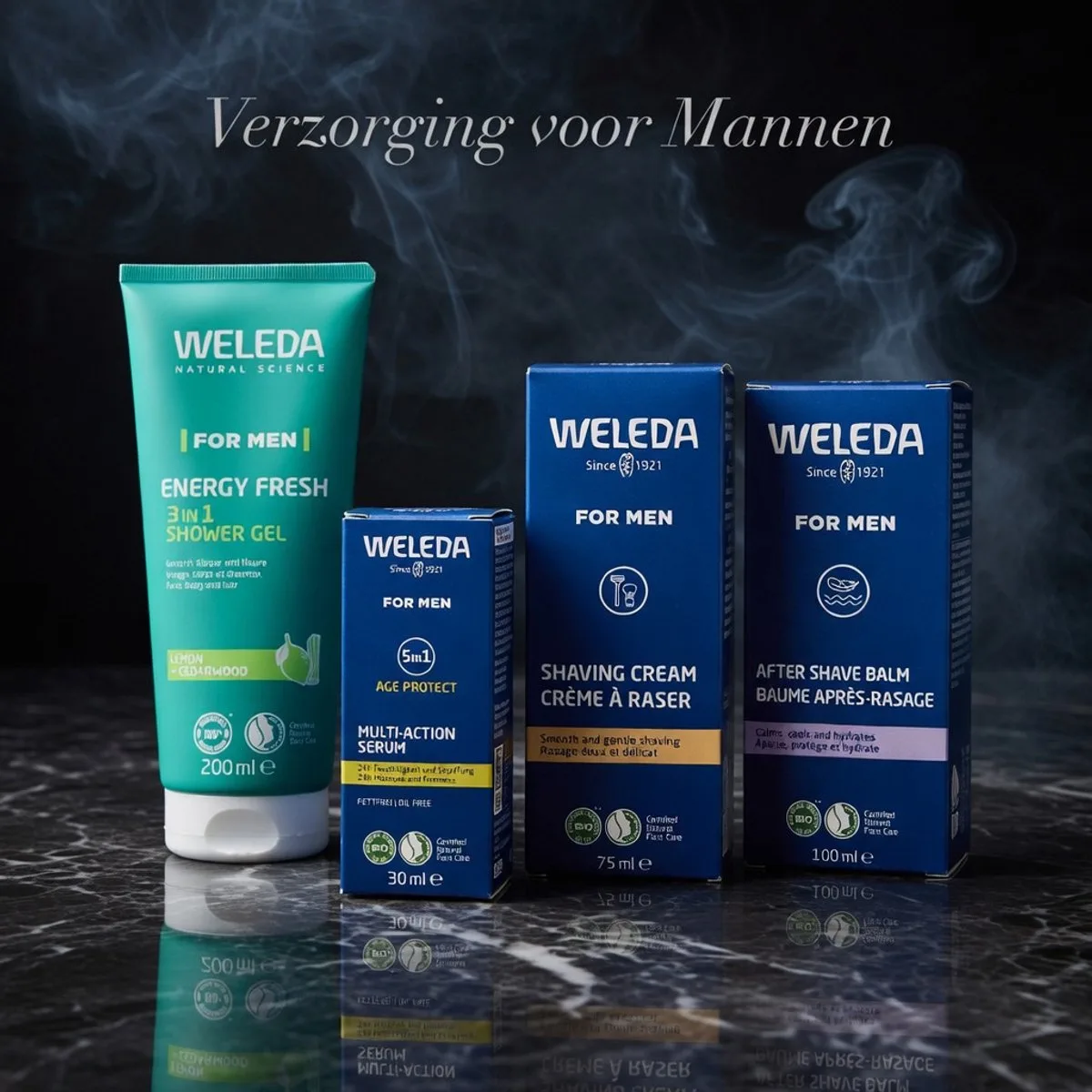 Men Verzorgingsset in Transparant Tasje – Compleet en Natuurlijk Verzorgingspakket: showergel 3in1- serum 30ml; shaving cream en aftershave balm från Weleda – produktbild