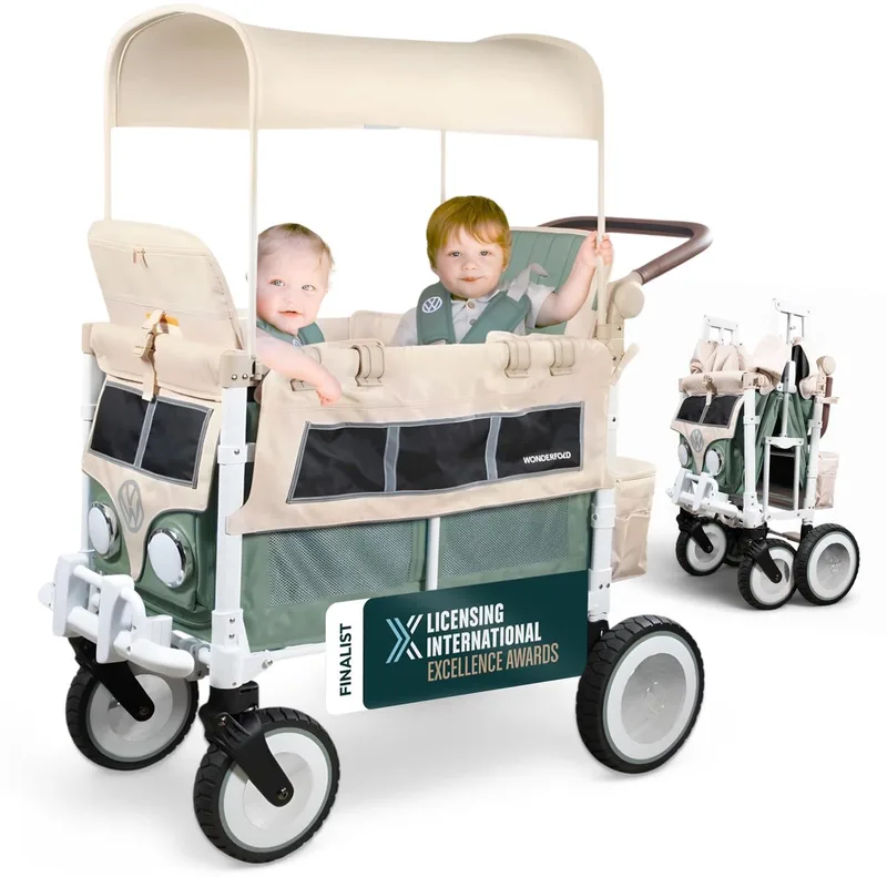 VW2 Bolderkar - Kinderwagen met 2 zitplaatsen - Opvouwbaar - Groen - (Draagvermogen tot 90kg) de Wonderfold en Sage Green – photo produit