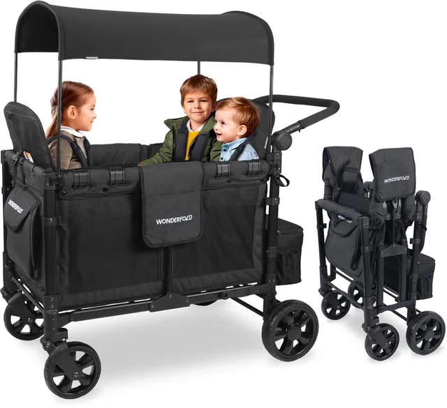 W4 Elite - Bolderkar - Kinderwagen voor 4 kinderen – Opvouwbare Bolderkar - Volcanic Black (136kg Draagvermogen)