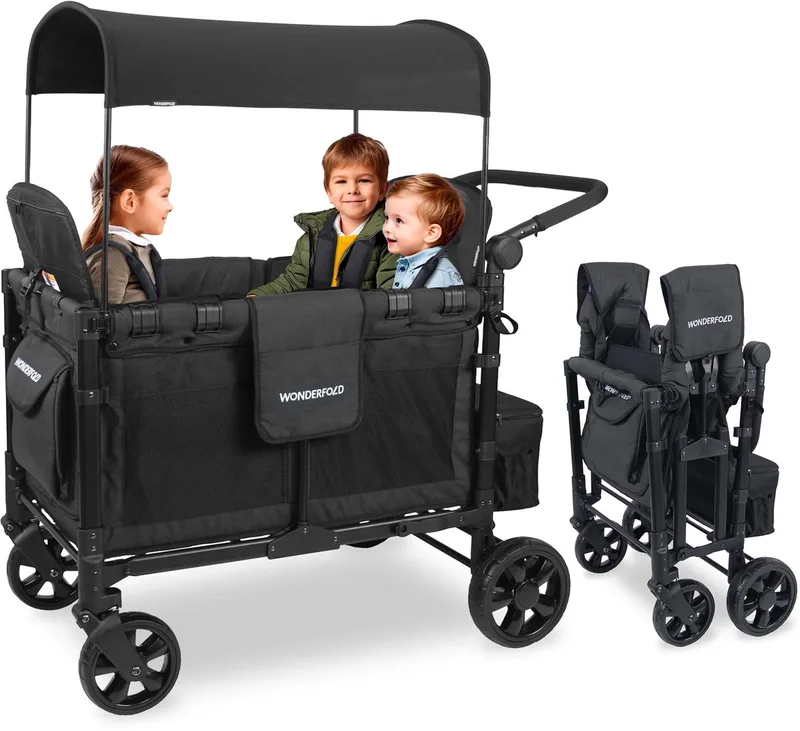 W4 Elite - Bolderkar - Kinderwagen voor 4 kinderen – Opvouwbare Bolderkar - Volcanic Black (136kg Draagvermogen) van Wonderfold in Zwart vulkanisch – productfoto