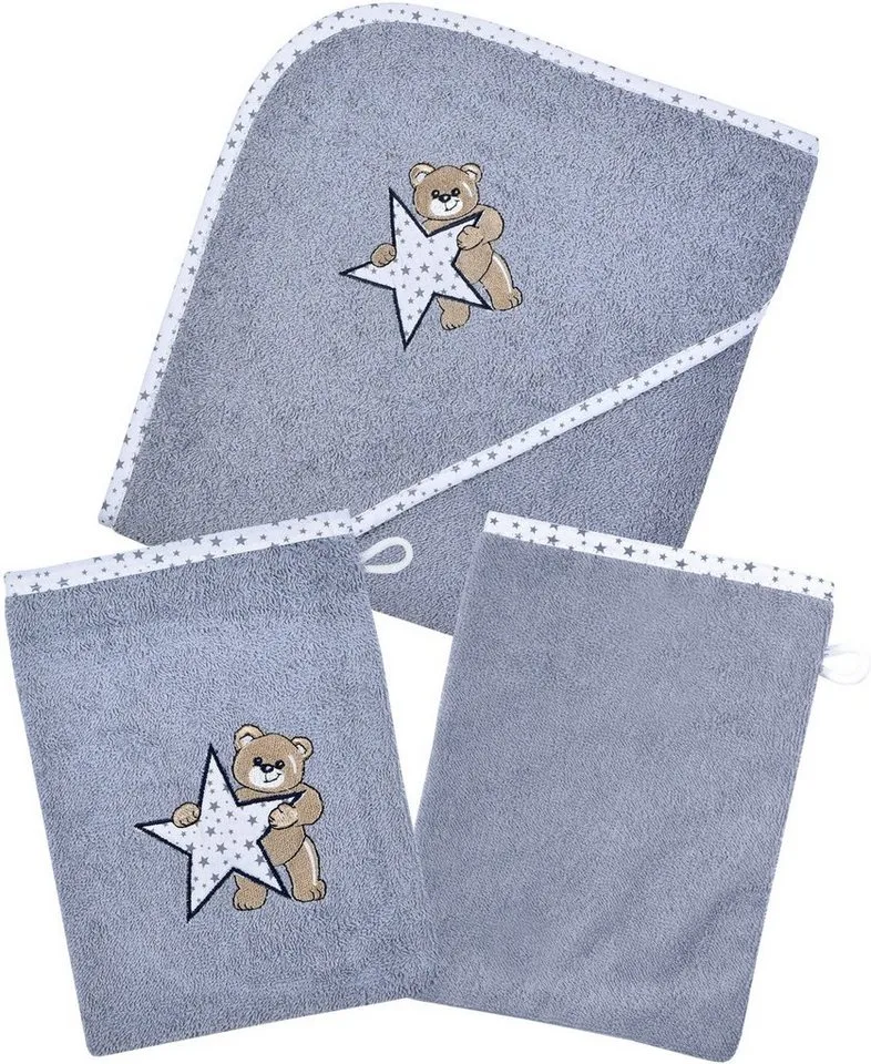 Handtuch Set Teddy/Stern Kapuzenbadetuch mit 2 Waschhandschuhen, Frottier (Spar-Set, 3-St), mit süßer Teddystickerei de Wörner en Gris – photo produit 1 sur 2
