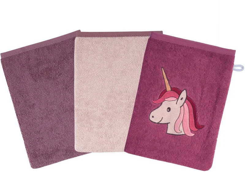 Waschhandschuh Einhorn, (Set, 3-St), 3er-Set, mit Stickerei van Wörner in Roze – productfoto