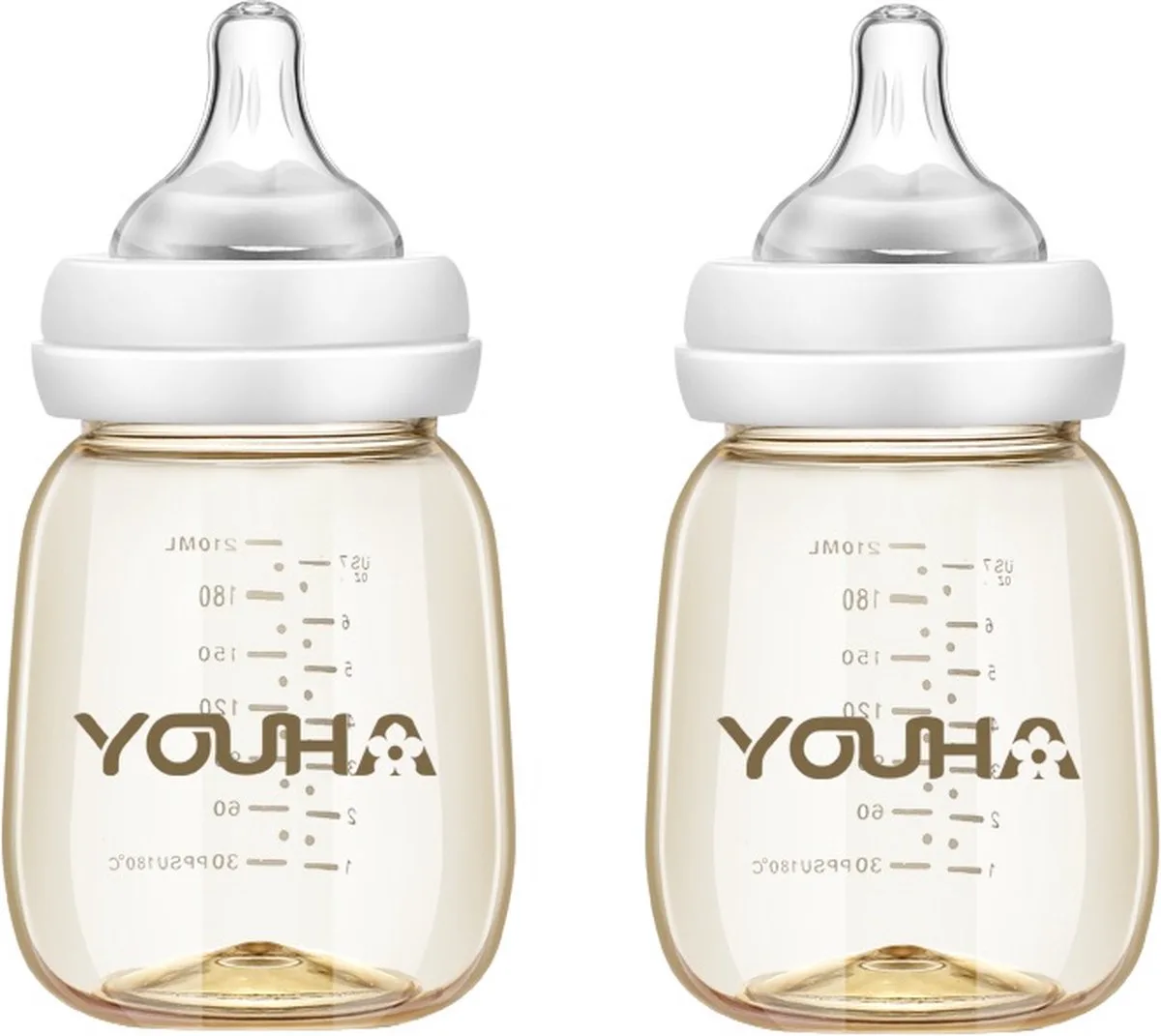 baby drinkflessen - 2 stuks - 2x 210 ML - baby drinkflessen - babyflessen met spenen - inclusief afsluitdoppen - modern design - BPA vrij de Youha en Transparent – photo produit