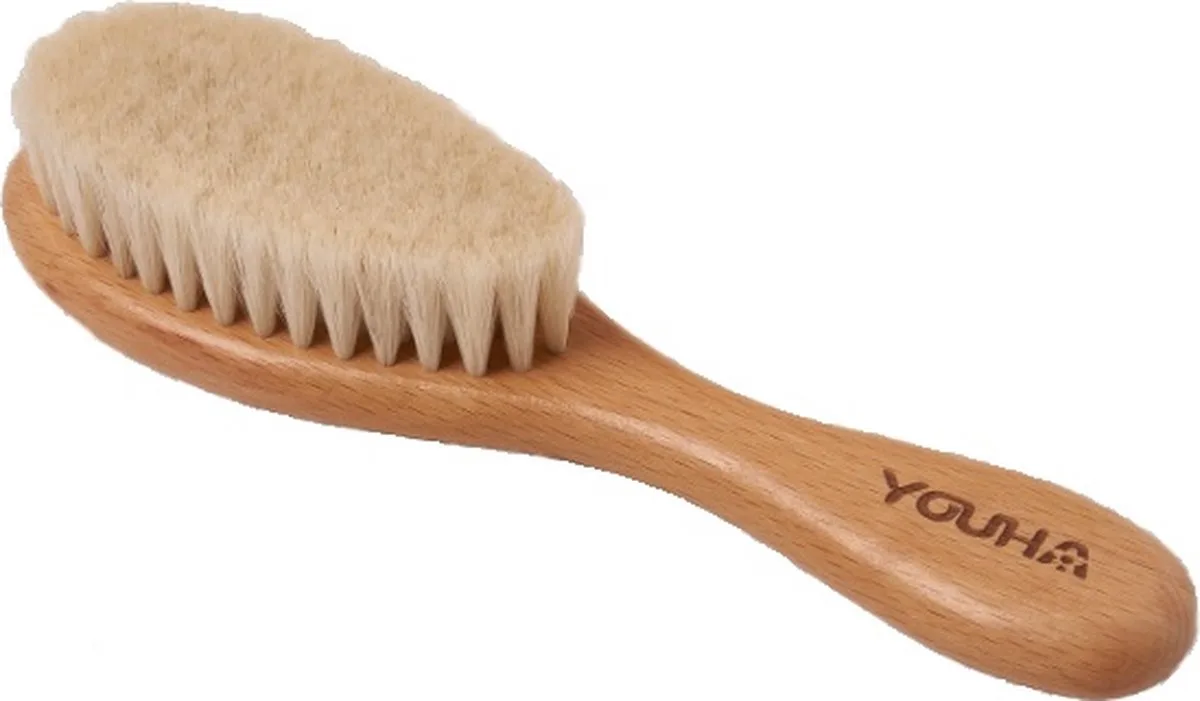 baby haarborstel - 100% natuurlijke materialen - gemaakt van geitenhaar - voorkomt jeuk of krabben - zachte babyborstel - baby haarverzorging de Youha en Lichtbruin – photo produit