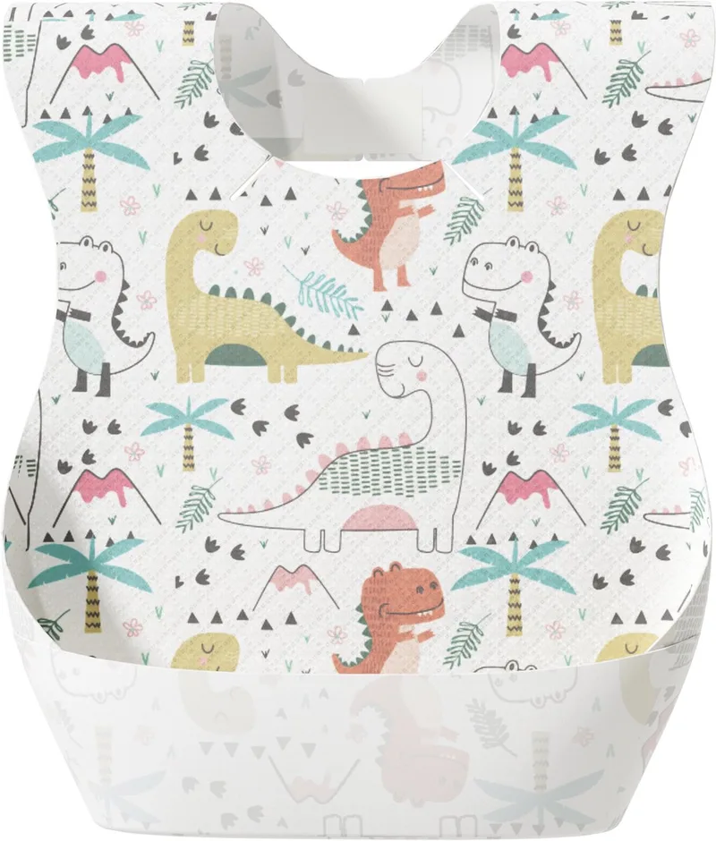 wegwerp slabbetjes - 20 stuks per doos - met opvangbakje - waterdicht opvangbakje - absorberend materiaal - Dinosaurus patroon van Youha in Dino – wit – productfoto