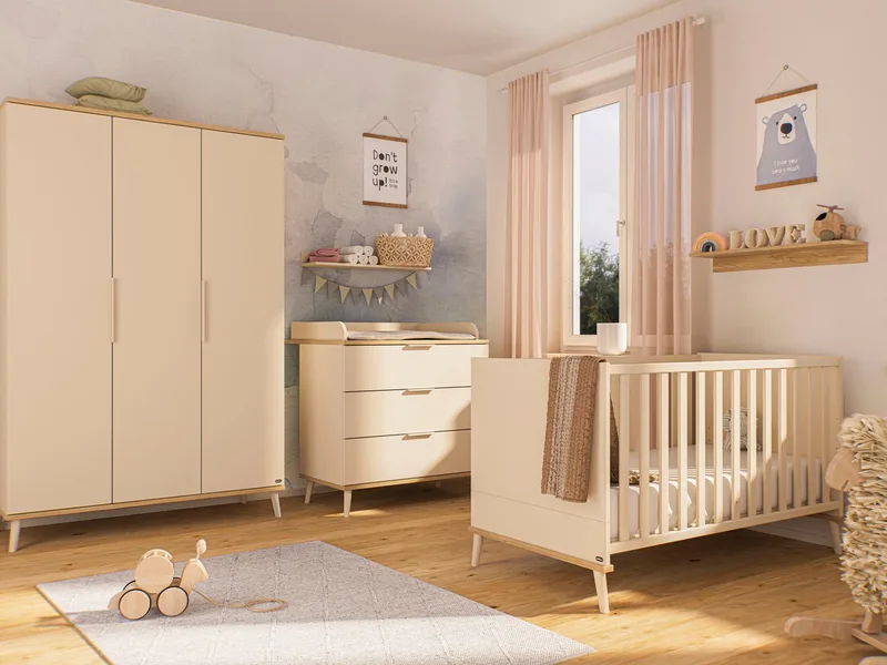Babymöbel-Set HAZEL, 3-teiliges Babyzimmer in modernes Komplettset, (Spar-Set, 3-tlg., 70x140cm Babybett, Kleiderschrank 3-türig, Wickelkommode inkl. Aufsatz), Kinderzimmer, Soft-Close-Funktion, Mitwachsendes Bett inkl. Lattenrost van yuny by PAIDI in Beige – productfoto 2 van 5