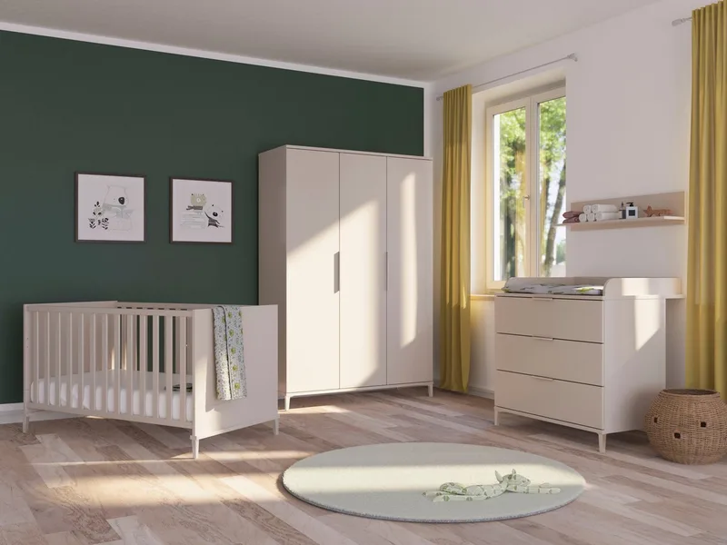 Babymöbel-Set SISTER LOU, 3-teiliges Babyzimmer in modernes Komplettset, (Spar-Set, 3-tlg., 70x140cm Babybett, Kleiderschrank 3-türig, Wickelkommode inkl. Aufsatz), Kinderzimmer, Soft-Close-Funktion, Mitwachsendes Bett inkl. Lattenrost by yuny by PAIDI in Beige – product photo 2 of 5