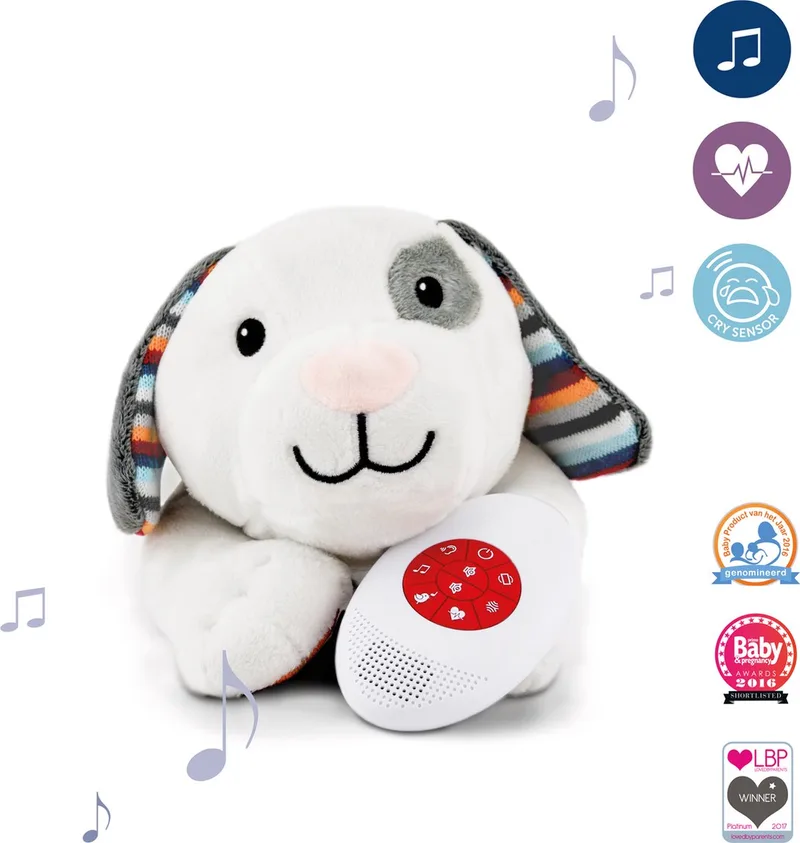 Dex - Hartslagknuffel - Muziekknuffel met huilsensor en uitneembare geluidsmodule welke hartslag en meerdere muziekjes afspeelt van ZAZU in Wit, Grijs – productfoto