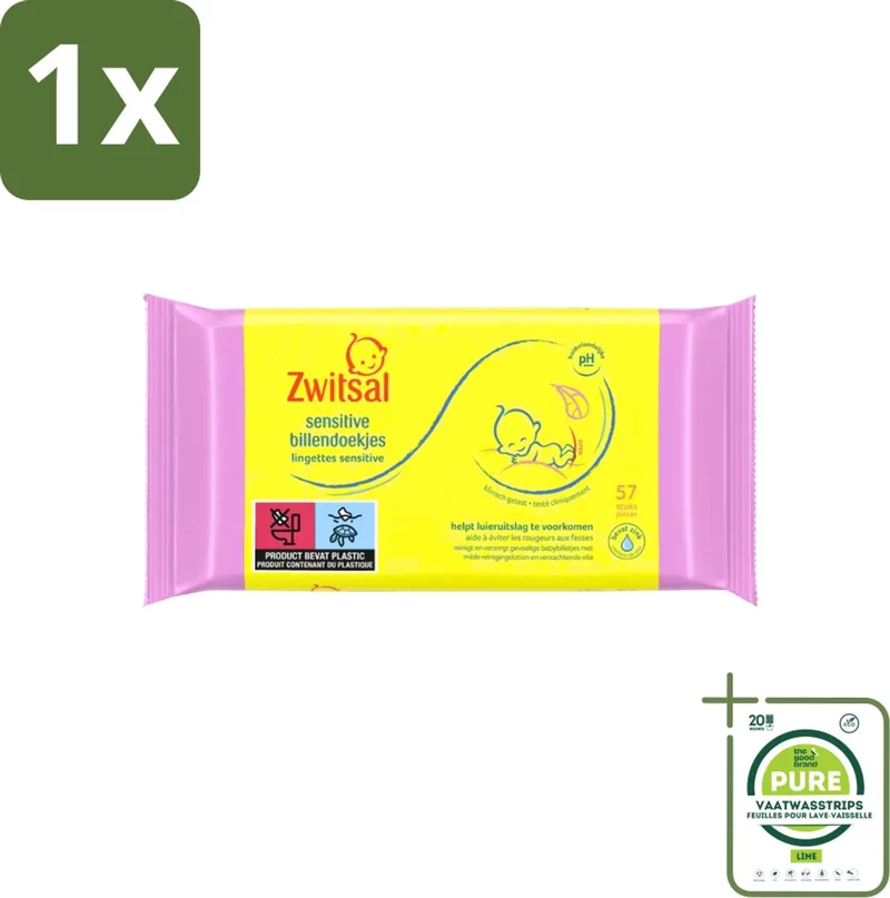 1 x Zwitsal - Babyverzorging - Billendoekjes Sensitive - Voor de Gevoelige Babyhuid - 57 Doekjes - Babybillendoekjes - Billendoekjes Gevoelige Huid - Zwitsal - Babyhuid - Luieruitslag van Zwitsal – productfoto