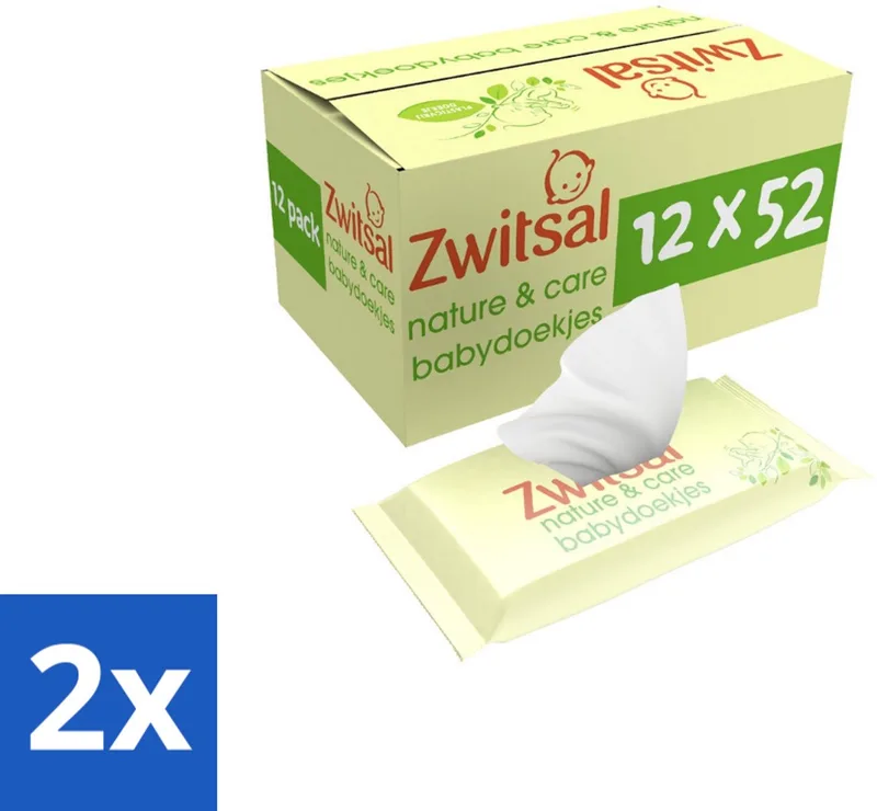 2 x Zwitsal - Billendoekjes Nature & Care - Plasticvrij - 12 x 52 stuks per verpakking - Biologische Babydoekjes - Plasticvrije Billendoekjes - Zwitsal Babydoekjes - Zachte Babydoekjes - Luieruitslag Voorkomen van Zwitsal – productfoto