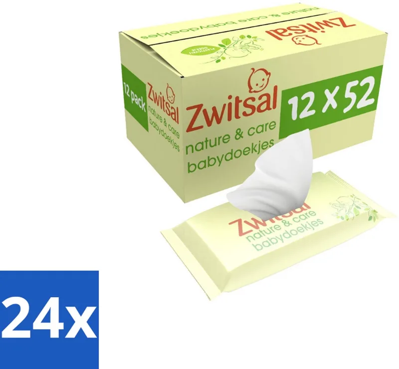 24 x Zwitsal - Billendoekjes Nature & Care - Plasticvrij - 12 x 52 stuks per verpakking - Biologische Babydoekjes - Plasticvrije Billendoekjes - Zwitsal Babydoekjes - Zachte Babydoekjes - Luieruitslag Voorkomen van Zwitsal – productfoto