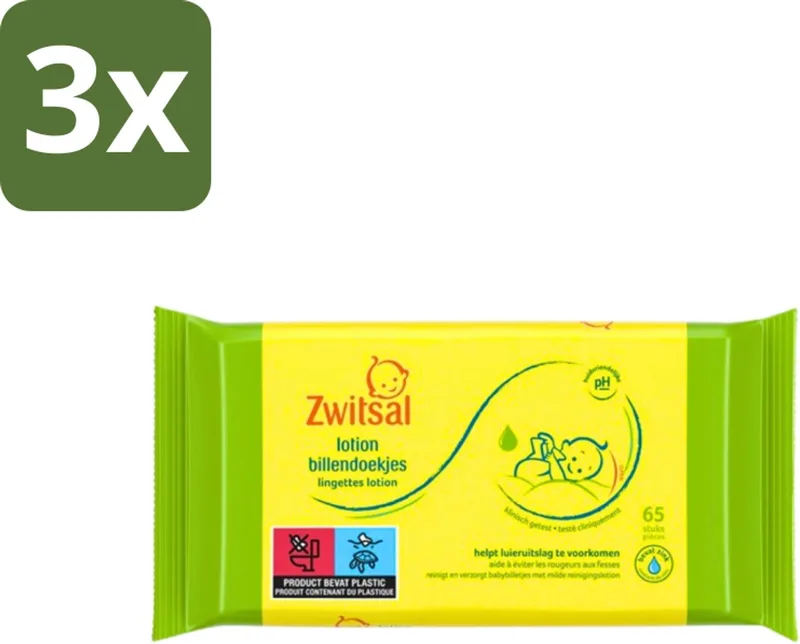 3 x Zwitsal - Babyverzorging - Billendoekjes Lotion - Voor de Gevoelige Babyhuid - 65 Doekjes - Babyhuid Verzorging - Luieruitslag Voorkomen - Zwitsal Lotion - Billendoekjes Lotion - Zachte Babyhuid by Zwitsal – product photo