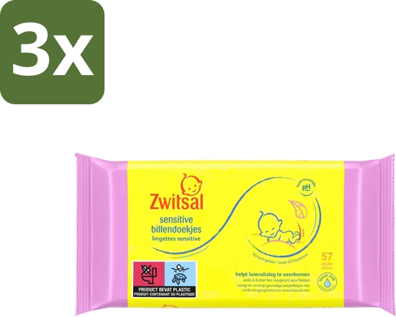 3 x Zwitsal - Babyverzorging - Billendoekjes Sensitive - Voor de Gevoelige Babyhuid - 57 Doekjes - Babybillen - Luieruitslag - Zwitsal Doekjes - Gevoelige Huid - Billetjes Verzorging de Zwitsal – photo produit